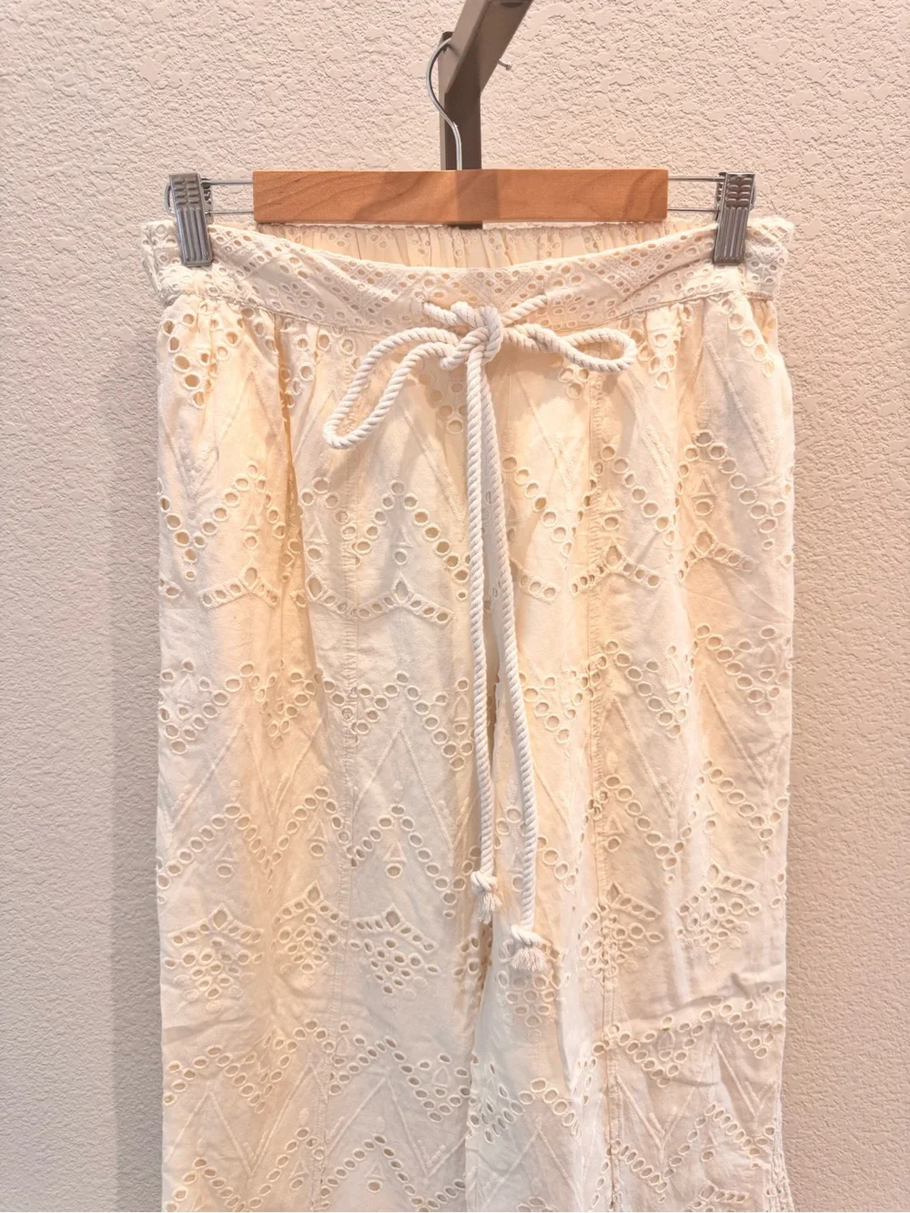 Free People Emma Embroidered Cream Eyelet Wide-Leg Pants